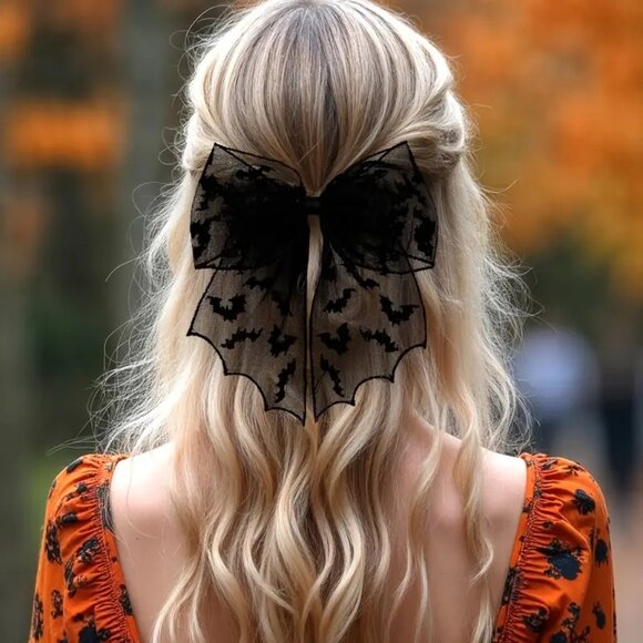 Bat Silhouette Barrette Hair Clip Black Lace Mesh 8"x 6" Halloween Goth NWOT - Picture 1 of 3